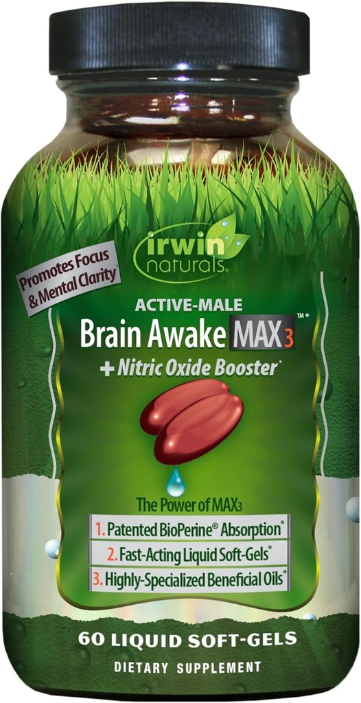 Irwin Naturals Cerveau Réveillez-vous Max3 + Booster à oxyde nitrique 60 Softgel liquide