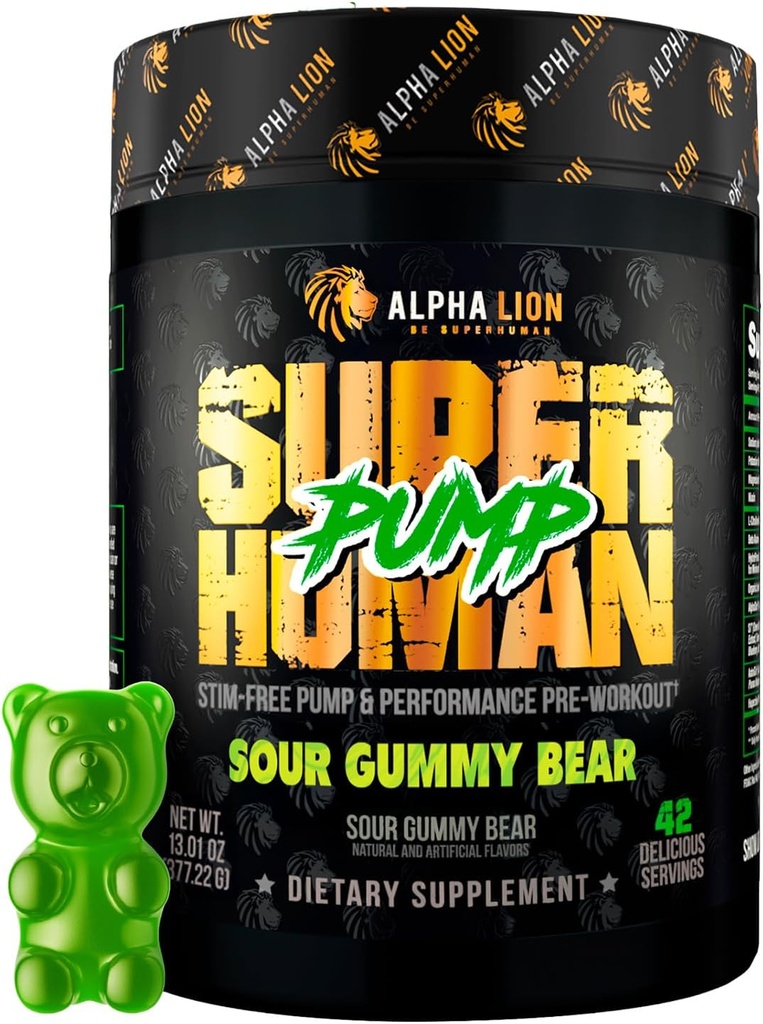 ALPHA LION Pompe Superhumaine Poudre de pré-entraînement, Nootropic Caffeine & Stim Supplément gratuit de pré-entraînement, Booster à oxyde nitrique, Muscle Gainer, Énergie et Focus (42 Servants, Ours aigre)