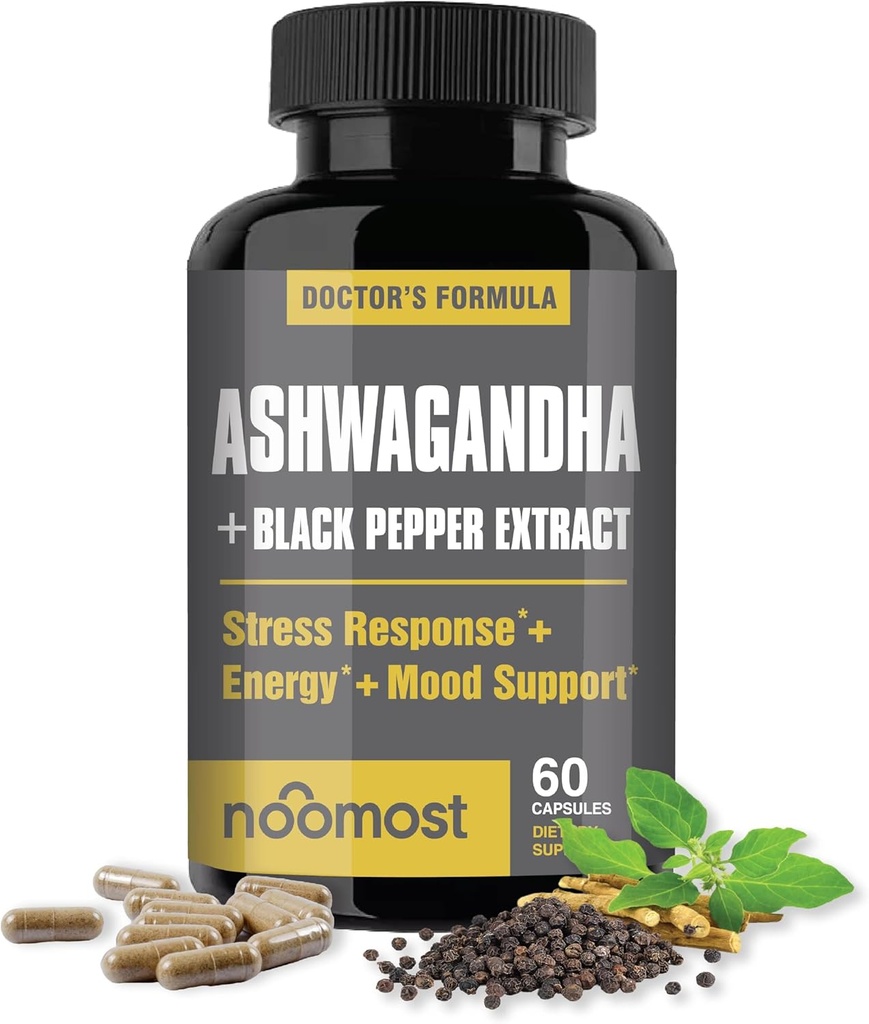 NooMost Organic Ashwagandha 400mg Capsules w/Black Pepper Extract comme Vegan Ashwagandha Suppléments pour Anti Stress Relief, Natural Mood Support, Energy & Focus-60 Capsules