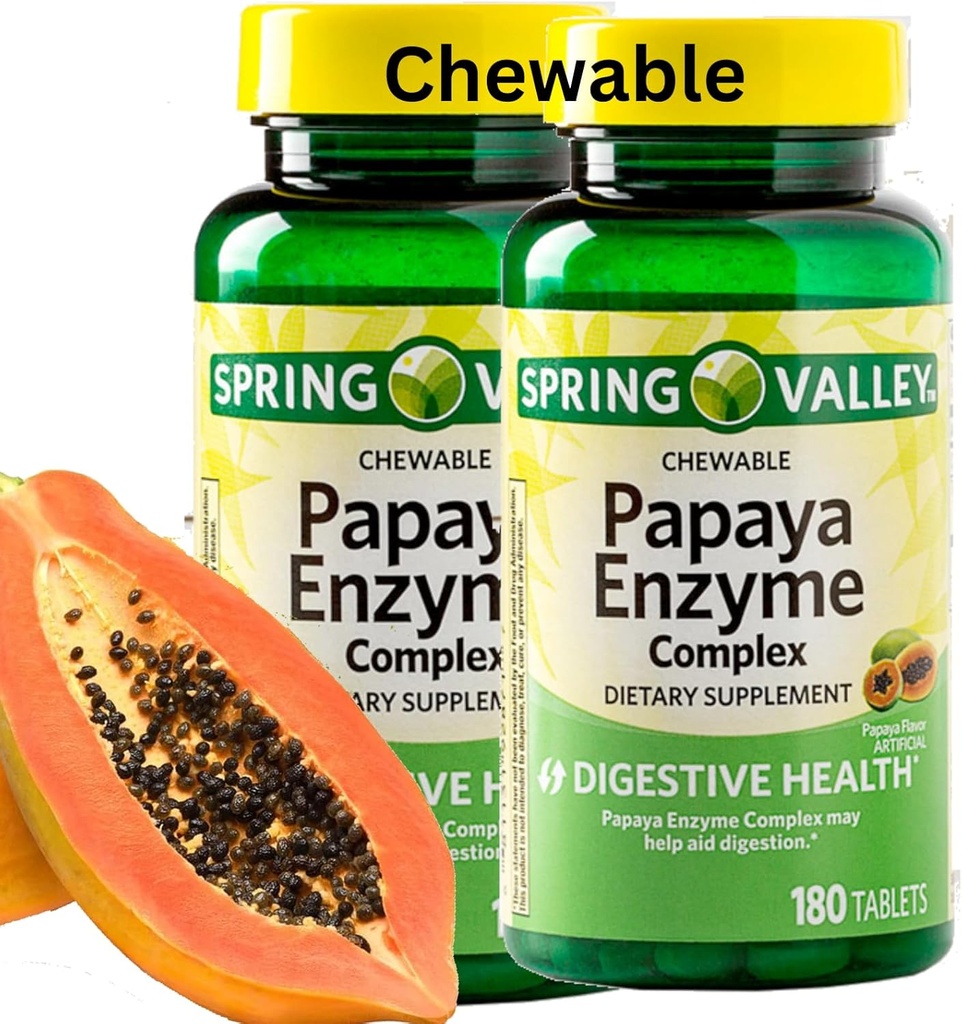 Spring Valley Papaya Enzyme Chewable - 360 Vegan Tablets, Bromelain New Formula Digestive Aid