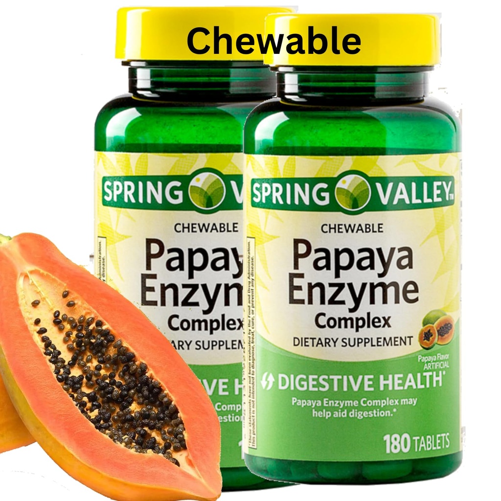 Spring Valley Papaya Enzyme Chewable - 360 comprimés végétaliens, Bromelain nouvelle formule digestive aide