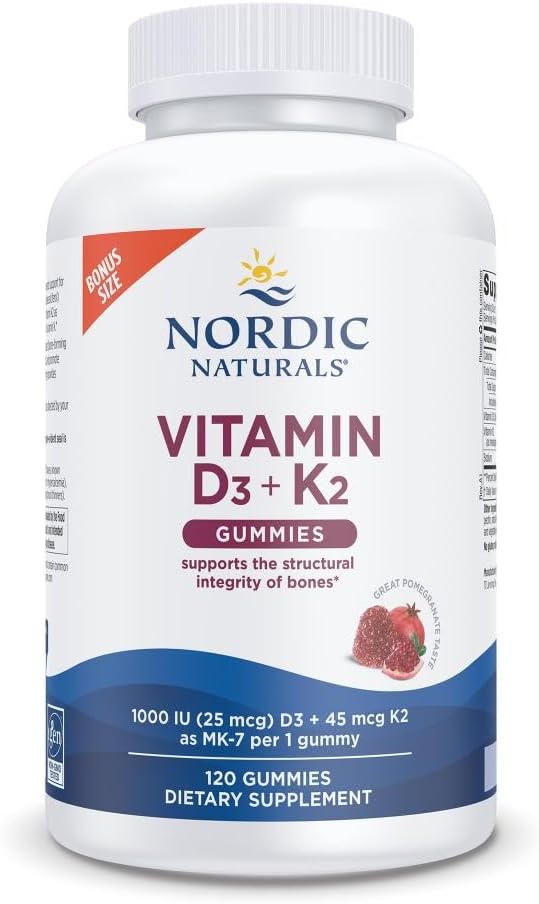 Nordic Naturals Vitamin D3 + K2 Gummies, Pomegranate - 120 Gummies - 1000 IU Vitamin D3 + 45 mcg K2- Great Taste - Bone Health, Promotes Healthy Muscle Function - Non-GMO - 120 Servings
