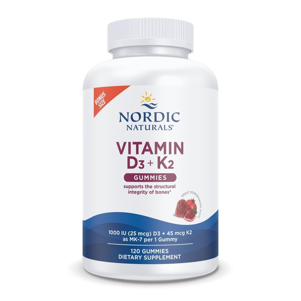 Nordic Naturals Vitamine D3 + K2 Gummies, grenade - 120 Gummies - 1000 UI Vitamine D3 + 45 mcg K2- Grand goût - Santé des os, favorise la fonction musculaire saine - Non-OGM - 120 portions