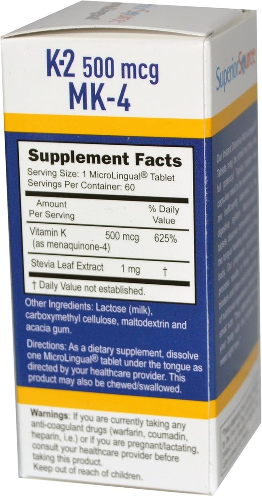 Source supérieure Vitamine K-2 500 mcg (MK-4) 60 Comprimé sublingual