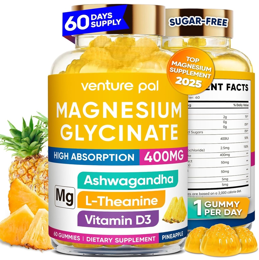 60 jours d'approvisionnement Magnésium Glycinat 400mg Gommies avec Ashwagandha, L-Theanine, CoQ10, Vitamine D3 & B6, sans sucre Gommies de magnésium pour adultes et enfants, soulagement du stress, sommeil et calme, végétalien, sans gluten