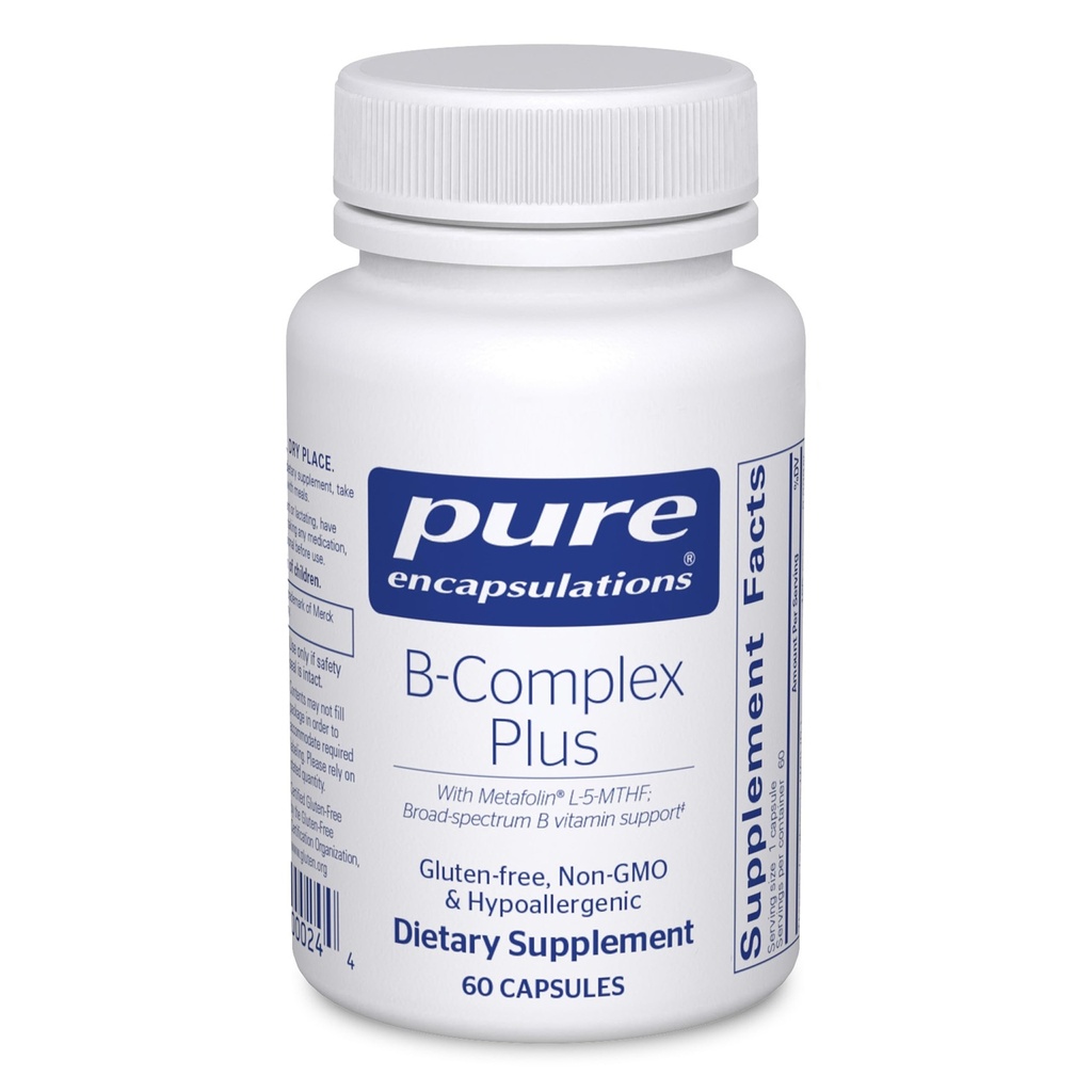 Encapsulations pures B-Complex Plus - Supplément de vitamines B pour soutenir la santé neurologique, la santé cardiovasculaire, les niveaux d'énergie et le système nerveux* - avec vitamine B12 et plus - 60 capsules