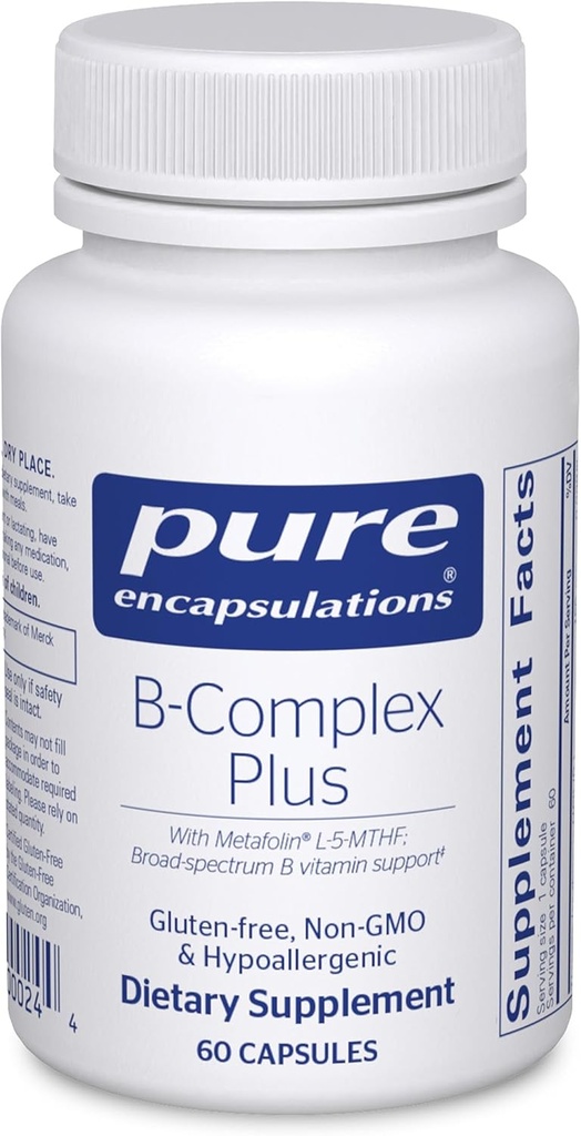 Encapsulations pures B-Complex Plus - Supplément de vitamines B pour soutenir la santé neurologique, la santé cardiovasculaire, les niveaux d'énergie et le système nerveux* - avec vitamine B12 et plus - 60 capsules