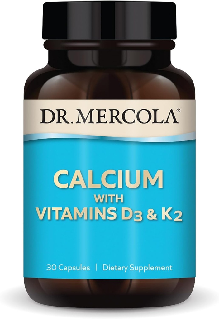 Dr Mercola Calcium avec des vitamines D3 et K2 - Soutient la santé des os et du coeur* - Calcium avec des vitamines D3 et K2 - Eggshell-Derved - Non-OGM, sans gluten et sans soja - 30 capsules (30 portions)