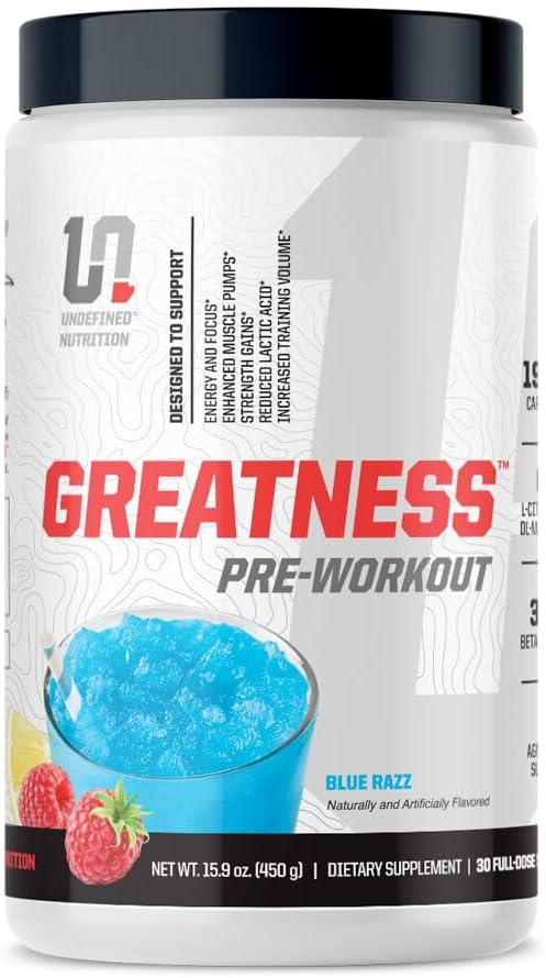 Une nutrition indéfinie Grandeur Pré-entraînement par Brian Shaw (30 portions) – 6 g Citrulline Malate et 3,2 g Beta Alanine pour de meilleures pompes, énergie, concentration et force pour les hommes et les femmes (15,9 Oz, Razz bleu)