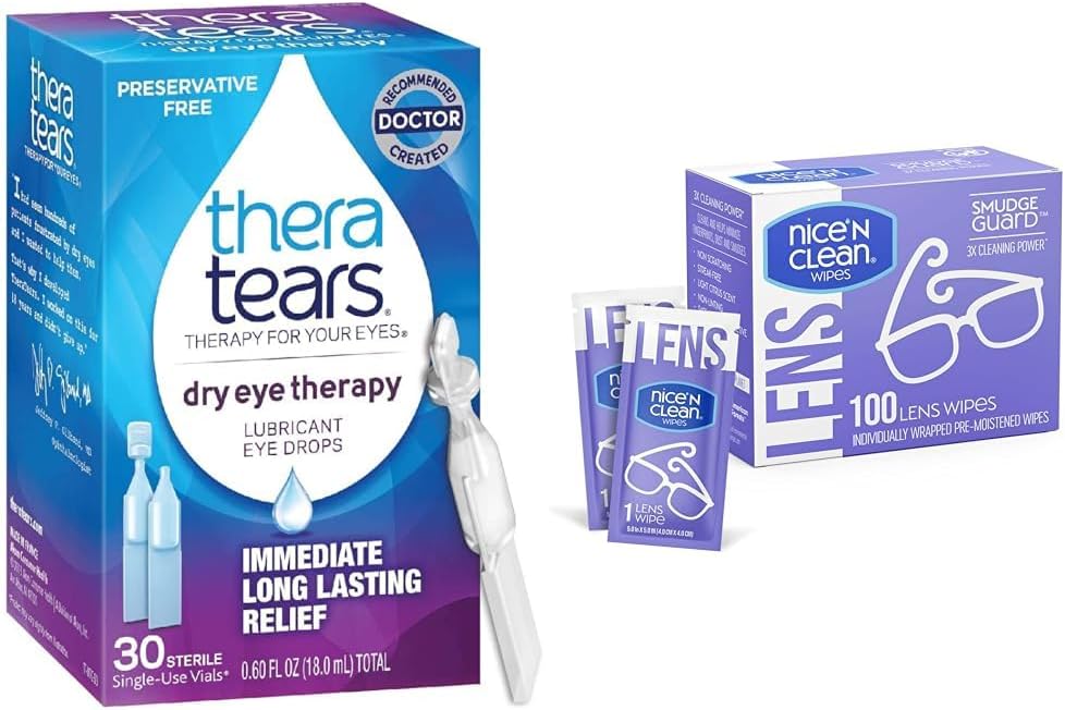 TheraTears Sec Eye Therapy Lubricant Eye Drops, Preservative Free, 30 Vials & Nice 'N Clean SmudgeGuard Lens Clean Wipes, 100 Wipes