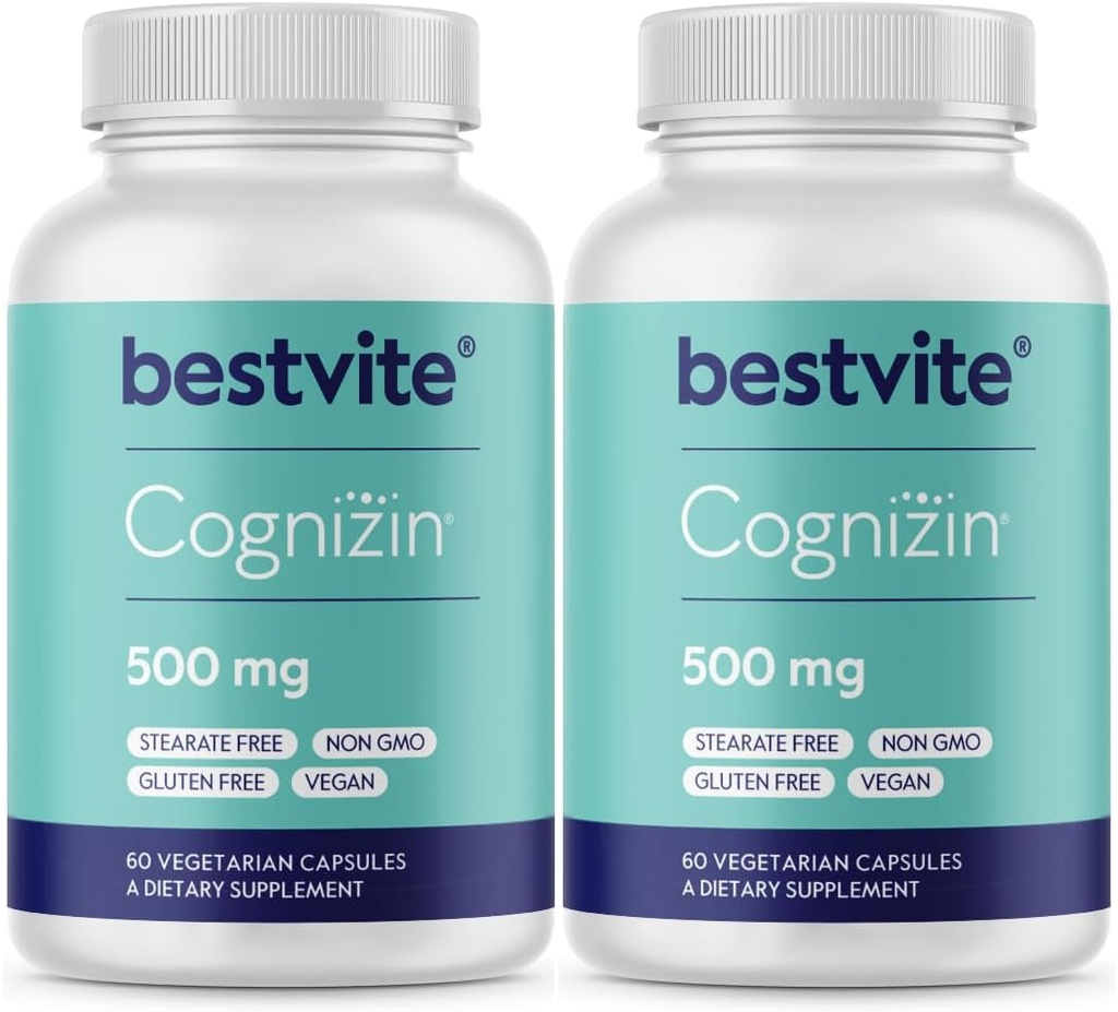 BESTVITE Cognizin Citicoline 500mg (120 capsules végétariennes) (60x2) - Études cliniques Premium Choline Nootropic - Pas de stéarates - Vegan - Sans gluten - Suppléments Cerveaux pour la Mémoire et la Focus