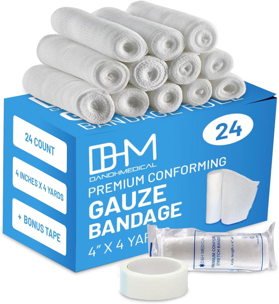 D&H Medical Pack of 24 Gauze Bandage Roll 4 pouces x 4 Yards - Enveloppe de gaze médicale pour les blessures Entretien - Facile à utiliser Rouleaux de gaze de coton pour les chevilles et les genous de la main