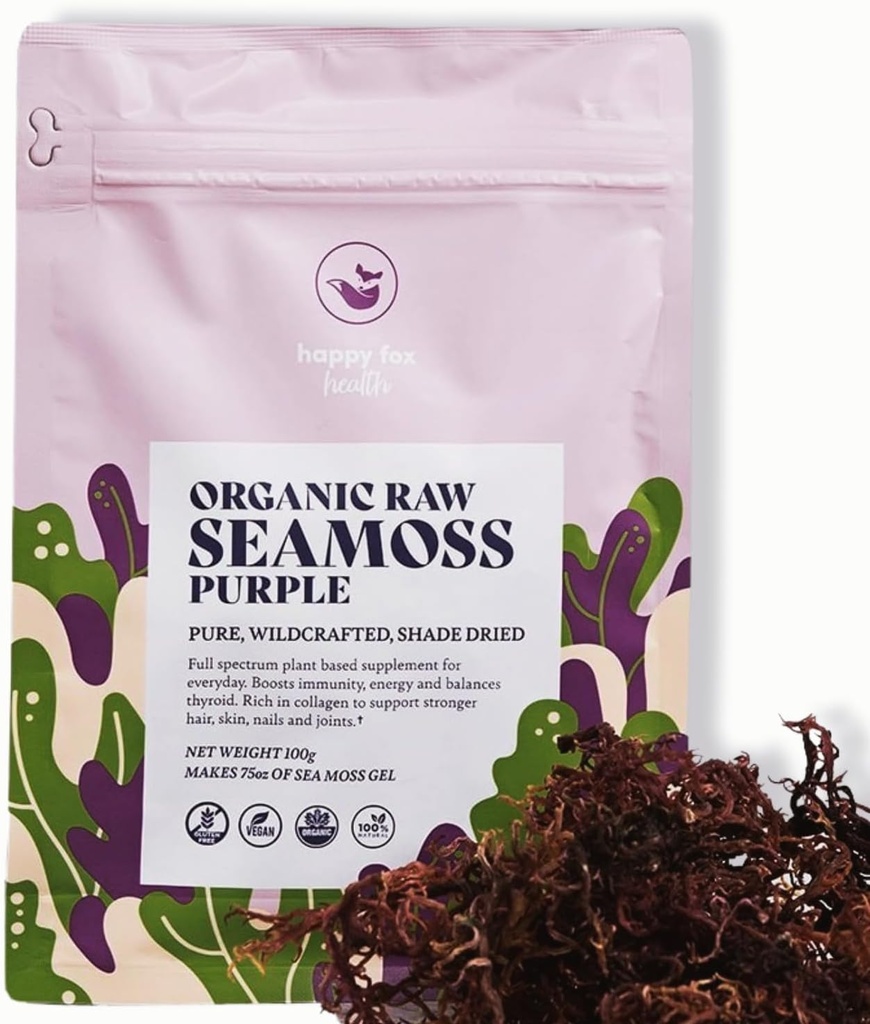 HAPPY FOX Bio Mare Moss Raw Purple - fait 75oz de gel Seamoss riche en phytonutriments et minéraux, certifié non-OGM, Wildcrafted, Superfood - Sac de 100 grammes