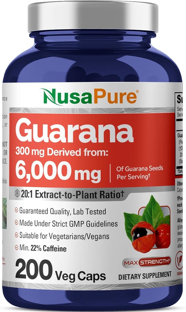 Extrait de NusaPure Guarana 20:1 Extrait, 300 mg équivalent à 6 000 mg par Veggie Caps 200 Compte (non-OGM, végétalien)