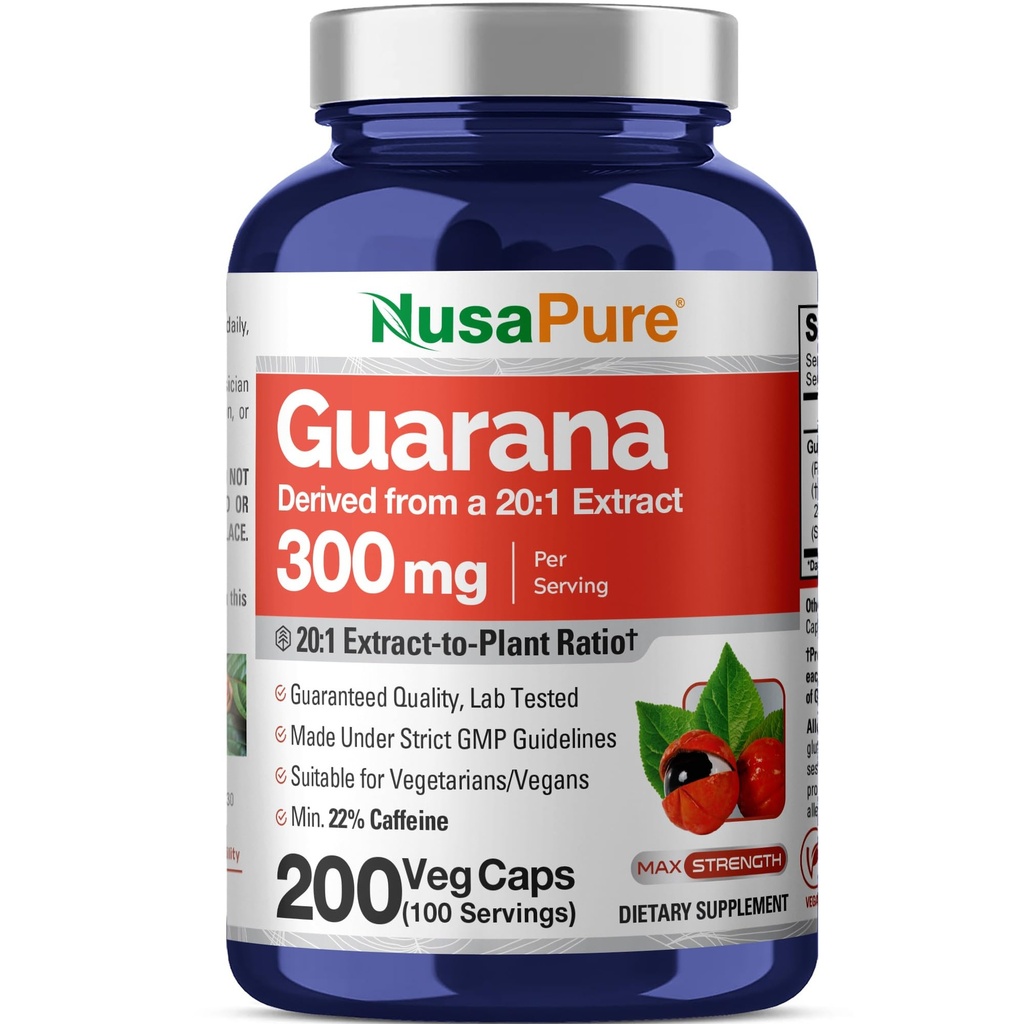 Extrait de NusaPure Guarana 20:1 Extrait, 300 mg équivalent à 6 000 mg par Veggie Caps 200 Compte (non-OGM, végétalien)