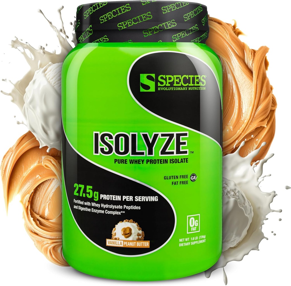 Espèce Nutrition Isolyze Poudre de protéines de lactosérum, 100 % d'isolat de lactosérum pour la musculation, 27,5 g de protéines par scoop, pas de sucre et faible teneur en gras (Beurre d'arachide de vanille, 22 portions)