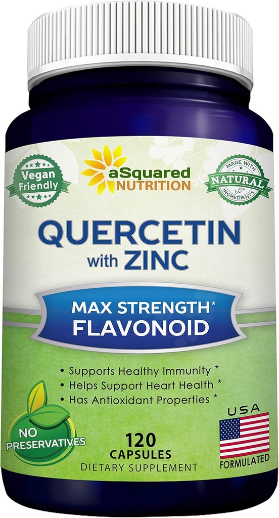aSquared Nutrition Quercetin 1000mg avec supplément de zinc - 120 Capsules - Quercetin Dihydrate avec Black Elderberry & Zinc - Pilules complexes de poudre Max Strength pour aider à améliorer la réponse immunitaire