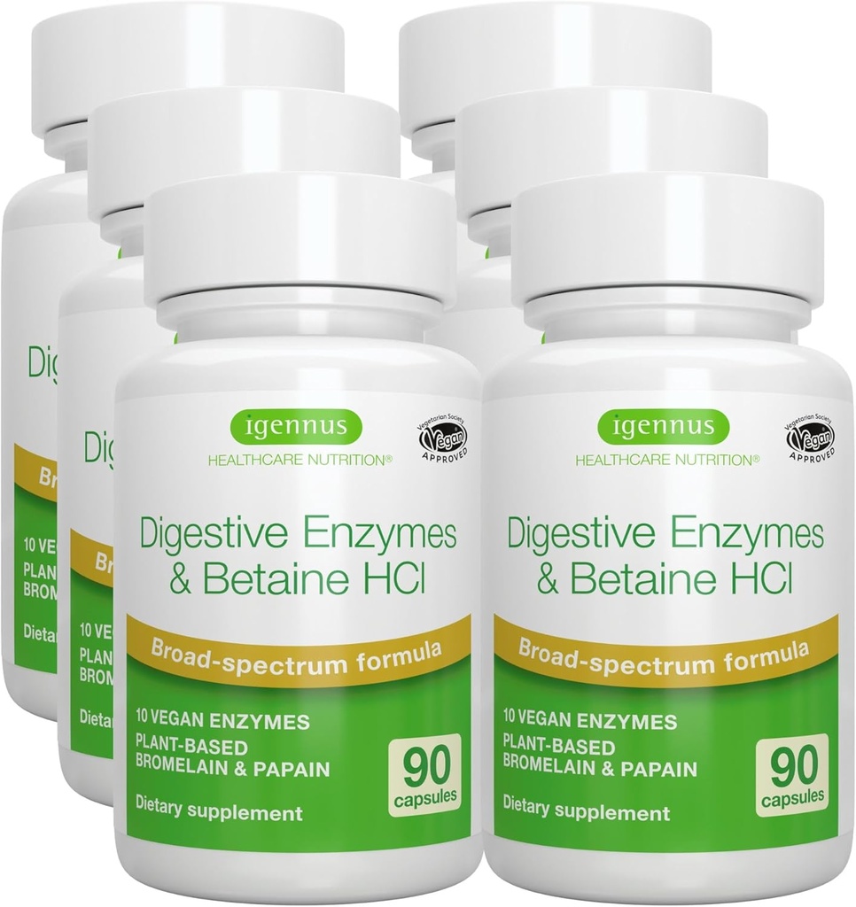 Igennus Fast Action Enzymes digestifs & Betaine HCl, 10 Enzymes à large spectre avec protéase, lipase et lactase, papaine et bromelain, végétalien à base végétale, label propre, pour les femmes et les hommes, 6 Pack