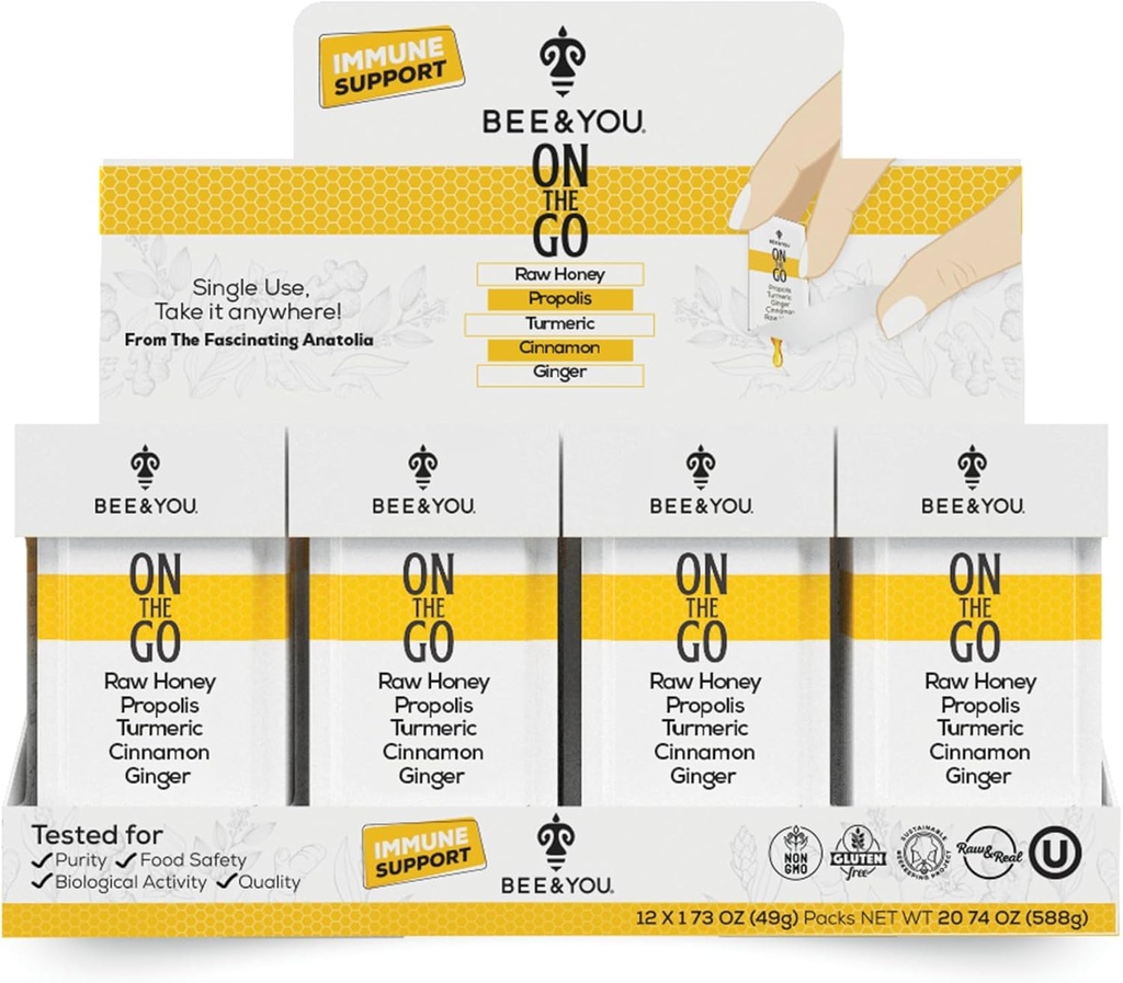 Bee and You On The Go, Supplément de soutien immunitaire, miel cru, propolis, curcuma, cannelle, gingembre, superfrood, grand goût, pour les enfants et les adultes, 12 Pack, 1,73 oz Chaque
