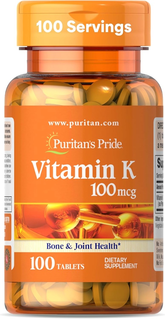 Puritan's Pride Premium Vitamin K 100mcg, Dietary Supplement for Bone, Joint, and Blood Clotting Health Support, 100 Day Supply, 100 Tablets