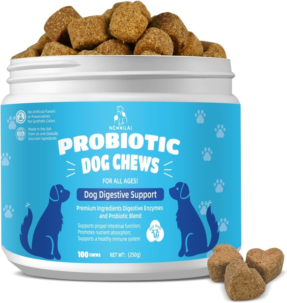 Supplément digestif probiotique naturel pour chiens - Probiotic Chewable avec prébiotiques et enzymes soutient la santé Gut, la diarrhée et la digestion, améliorer le système immunitaire Allergie Peau