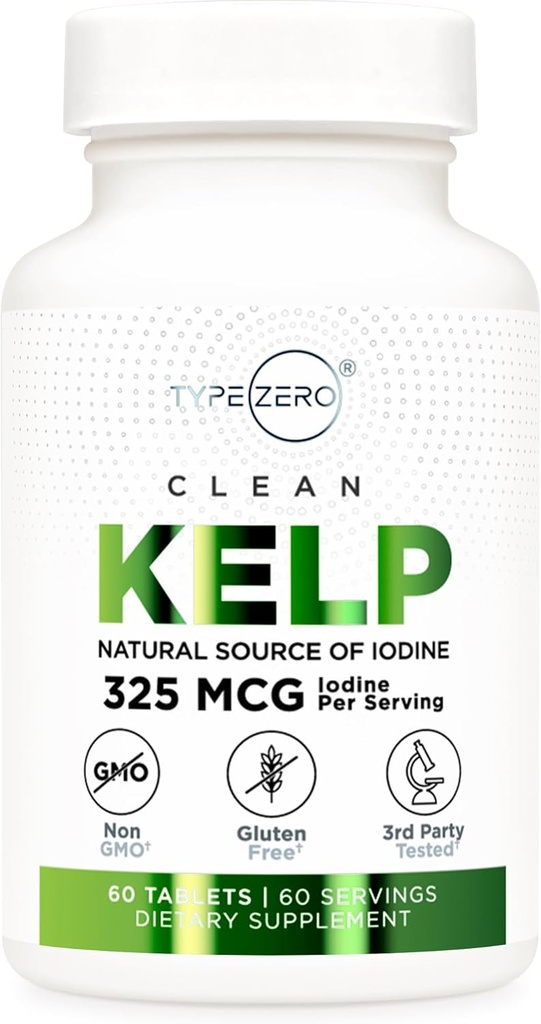 Type Zero Clean Kelp Iodine Comprimés (60 portions, 325 MCG par portion) - Source naturelle d'iode de Sea Kelp, non-OGM, sans gluten