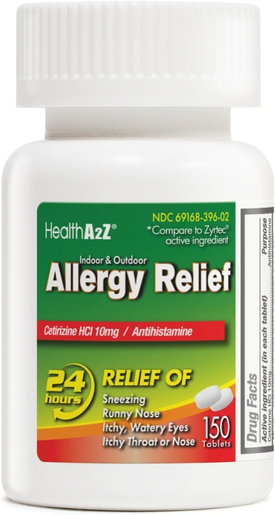 HealthA2Z® Allergy Relief | Cetirizine 10mg | All Day Allergy Relief | Indoor & Outdoor | Relief from Itchy Throat, Sneezing, Runny Noses (150 Count (Pack of 1))