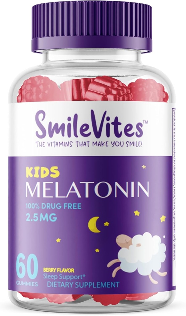 Enfants Melatonine Gommies 2,5mg, 100 % sans drogue Aide au sommeil , Non-Habit Forming , soutient le sommeil repos et le cycle régulier de sommeil , Ingrédients naturels , Berry Flavor , 60 comte