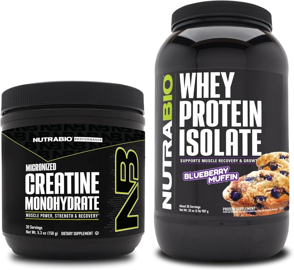 NutraBio Créatine monohydratée, non aromatisée, Isolée de protéines de 150g et de lactosérum, Muffin de myrtille, supplément - énergie musculaire, croissance musculaire maigre, récupération et force