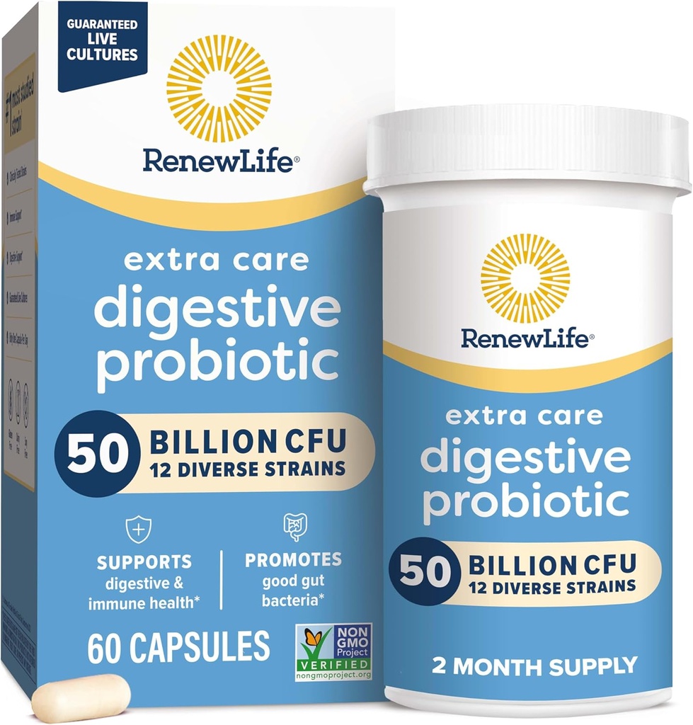 Renouveler la vie extra soins gélules probiotiques digestives, 50 milliards d'UCF garantis, supplément quotidien soutient immune, digestif, santé respiratoire(1), L. Rhamnosus GG, laiterie, soja et sans gluten, 60 comte