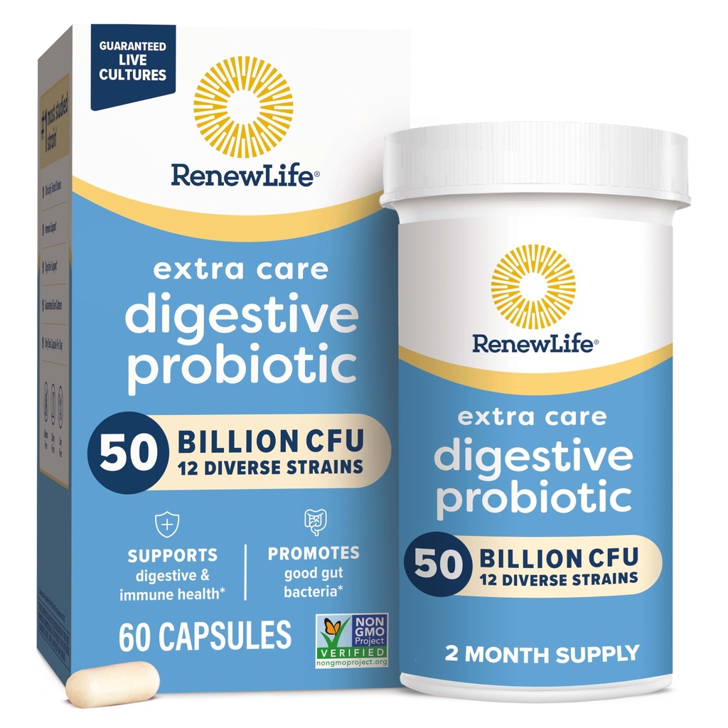 Renouveler la vie extra soins gélules probiotiques digestives, 50 milliards d'UCF garantis, supplément quotidien soutient immune, digestif, santé respiratoire(1), L. Rhamnosus GG, laiterie, soja et sans gluten, 60 comte