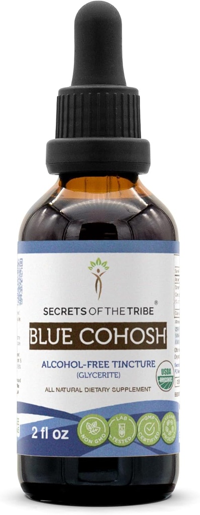 Secrets of the Tribe Blue Cohosh USDA Teinture sans alcool biologique (Glycerite) Cohosh bleu d'élevage responsable (Caulophyllum Thalictroides) Racine séchée (2 Fl Oz) Supplément santé pour femmes