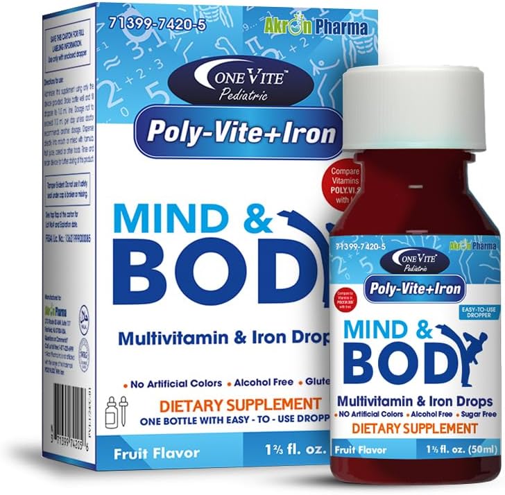 Poly-Vite+Iron Multivitamine gouttes de fer pour les nourrissons et les tout-petits – soutient la croissance forte, le développement du cerveau, la santé immunitaire – Pas de couleurs artificielles, sans gluten, 50mL bouteille goutte par un rite