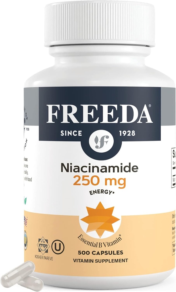 Freeda Niacinamide - Vitamine B3 Niacinamide 250 mg - Végétarien Non Flush Formule Niacin - B3 Vitamines Supplément Niacinamide - Niacin Supplément Niacin Sans Flush Vitamine B3 Nicotinamide, 500 Capsules