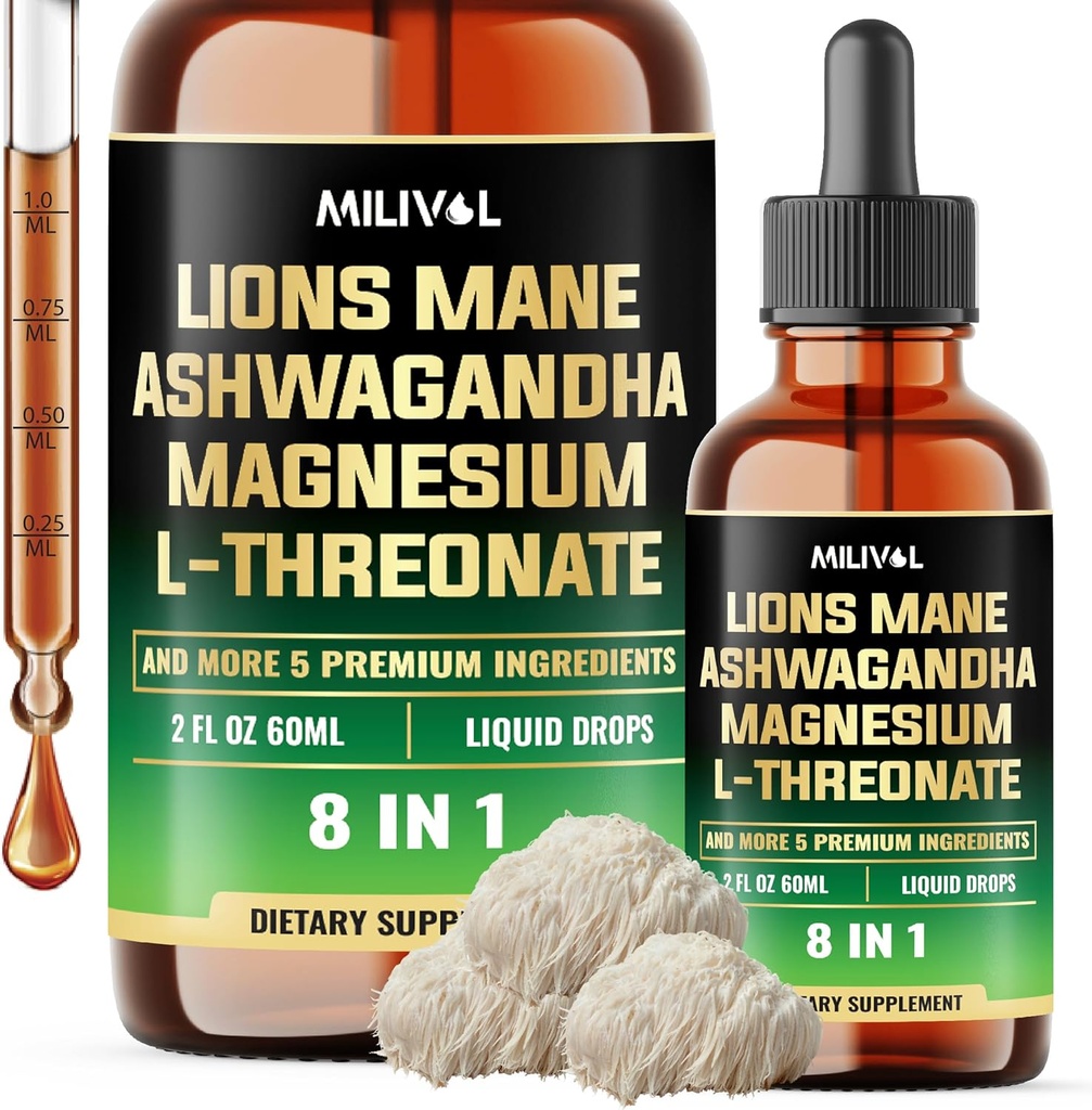 8en1 Lions Mane gouttes liquides avec la racine d'Ashwagandha, Magnésium L-Thréonate et 5 herbes - Équilibre d'humeur, santé du cerveau, immunitaire - 60 jours d'approvisionnement - 2Fl oz