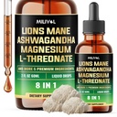 8en1 Lions Mane gouttes liquides avec la racine d'Ashwagandha, Magnésium L-Thréonate et 5 herbes - Équilibre d'humeur, santé du cerveau, immunitaire - 60 jours d'approvisionnement - 2Fl oz