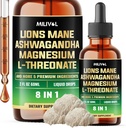 8en1 Lions Mane gouttes liquides avec la racine d'Ashwagandha, Magnésium L-Thréonate et 5 herbes - Équilibre d'humeur, santé du cerveau, immunitaire - 60 jours d'approvisionnement - 2Fl oz