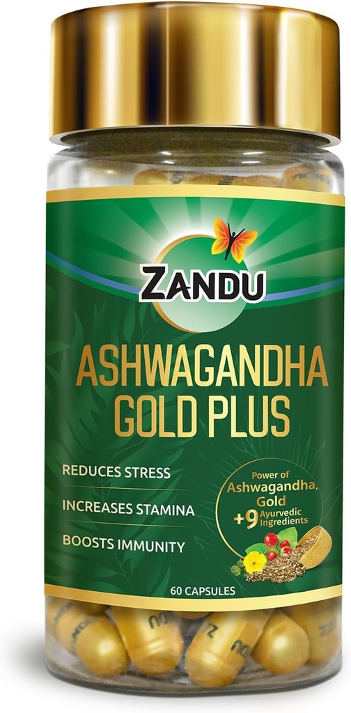 Zandu Ashwagandha Gold Plus, fait avec de l'or, Ashwagandha, Safed Musli, Shilajit et autres ingrédients ayurvédiques, aide à stimuler l'endurance, renforce l'immunité, 60 capsules