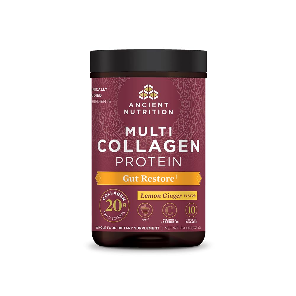 Ancient Nutrition Collagène Powder Protein, Multi Collagen Protein, Hydrolysed Collagen Peptides soutient la peau et les ongles, supplément articulaire (Gut Restore, 20 portions)
