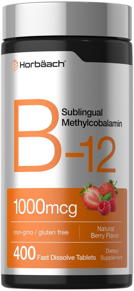 Horbaach Vitamine B12 1000 mcg Sous-linguistiques : 400 comprimés dissolvants rapides : supplément de méthylcobalamine pour femmes et hommes.