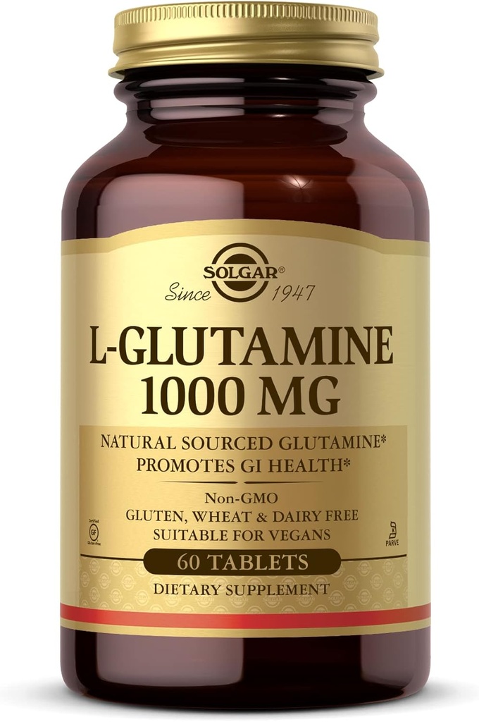 Solgar L-Glutamine 1000 mg, 60 comprimés - Alimentation musculaire naturelle - Promotion de la santé gastro-intestinale (GI) - Soutien à la santé cérébrale - Non-OGM, végétalien, sans gluten, sans casher - 30 portions