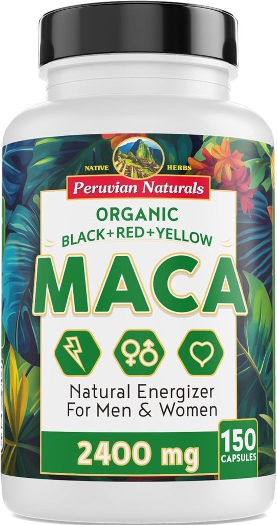 Capsules de racine de maca biologique pour les femmes et les hommes 2400mg par portion - 150 pilules Supplément de maca noir, rouge, jaune - Macaroot gélatinisé, non-OGM, végétalien par les naturels péruviens