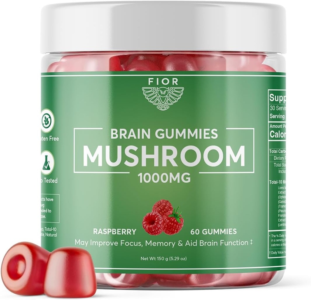 FIOR Mushroom Gummy Total 10 Supplément de mélange de champignons, 60 Comte, 10 Complexe de champignons, Lions Mane, Chaga, Cordyceps, Reishi Extrait, Supplément de champignons Gummies de champignons