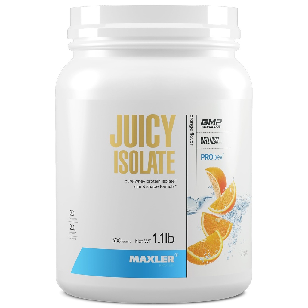 Maxler Juicy Isolate Protéine Poudre - Net Whey Isolate - Low Lactose, Sans gras, Sans sucre Muscle Recovery Boissons pour pré-entraînement et post-entraînement - 90% de protéines par portion - Orange 1,1 lb (20 portions)