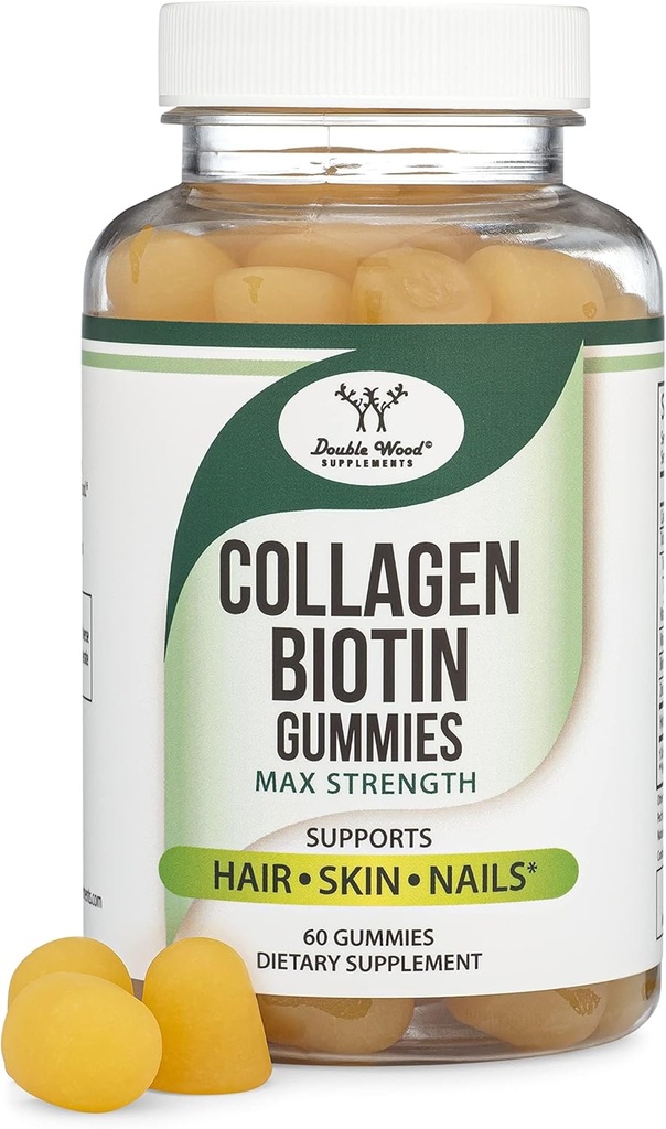 Gommies de collagène pour les femmes soutient le vieillissement (Max Strength - Enhanced with Biotin, Vitamine C, Zinc, and Vitamine E (Longevity for Women and Men) 60 Vitamines de cheveux, de peau et de ongles (non-OGM) by Double Wood