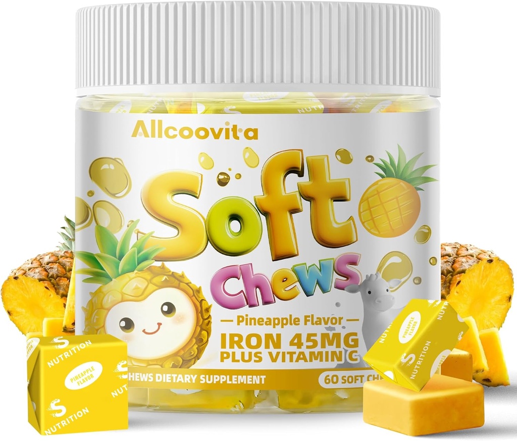 Supplément en fer doux à croquer avec de la vitamine C de l'ananas aromatisé.