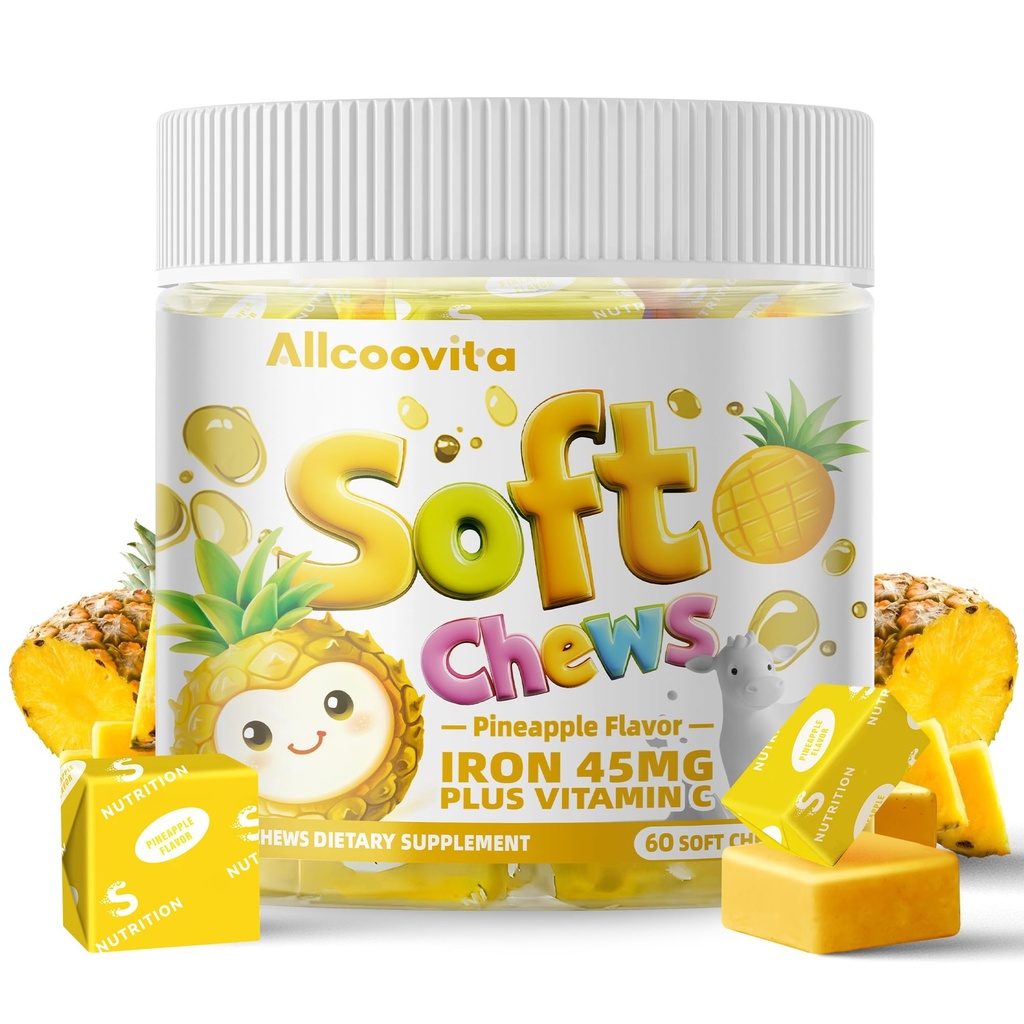 Supplément en fer doux à croquer avec de la vitamine C de l'ananas aromatisé.