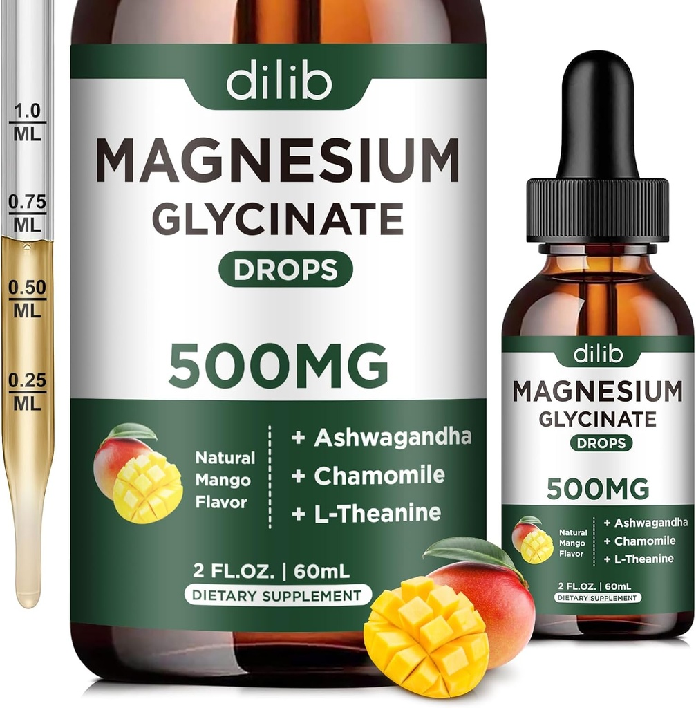 Supplément de Glycinat de magnésium, gouttes liquides de magnésium avec Glycinat de magnésium 500mg Ashwagandha, L - Theanine, Camomille -Support anti-stress, os, Muscle, Mood Vegan Natural Mango Flavor
