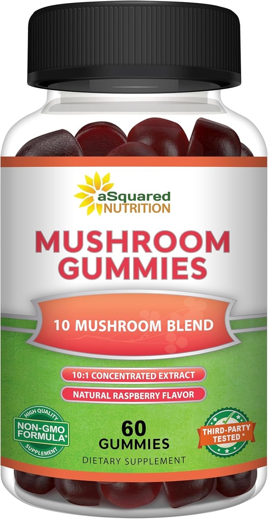 aSquared Nutrition Mushroom Gummies - Supplément complexe 10x - Lions Mane, Turkey Tail, Reishi, Cordyceps, Chaga - Énergie, Focus, Immune Support pour les hommes et les femmes - Remplacer la poudre, capsules et pilules