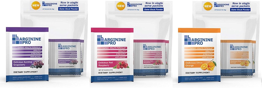 Supplément L-ARGININE PRO Poudre de 90 paquets de L-arginine Plus 1100mg L-Citrulline, framboise, orange et raisin